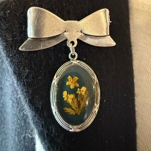 Vintage Silver Bow Brooch with Floral Pendant